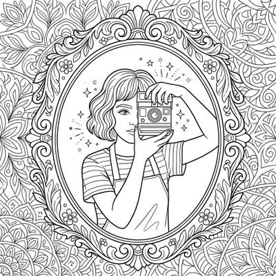 Express your artistic side with this captivating reflected self-portrait. Color a stylish character capturing their own image in a beautifully detailed mirror, surrounded by intricate patterns.
