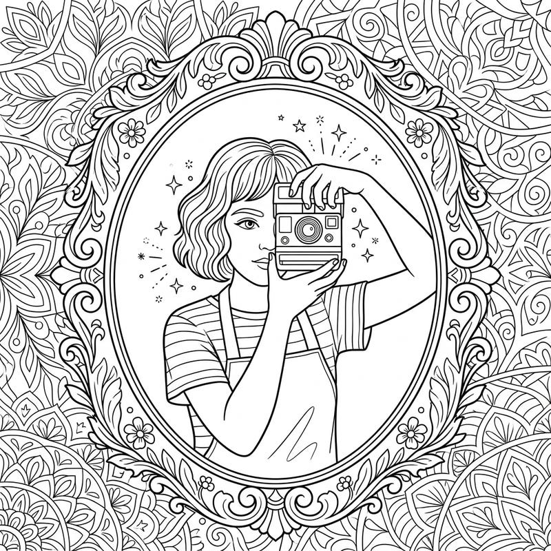 Express your artistic side with this captivating reflected self-portrait. Color a stylish character capturing their own image in a beautifully detailed mirror, surrounded by intricate patterns.