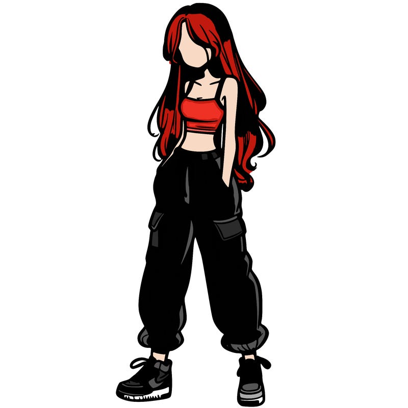 girl in baggy pants crop top and long hair