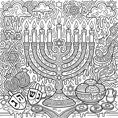 Experience Hanukkah like never before with this captivating coloring page, blending festive symbols with an edgy 'acid rain' art style. Dive into a world of intricate menorahs, dreidels, and swirls for a truly unique creative challenge.
