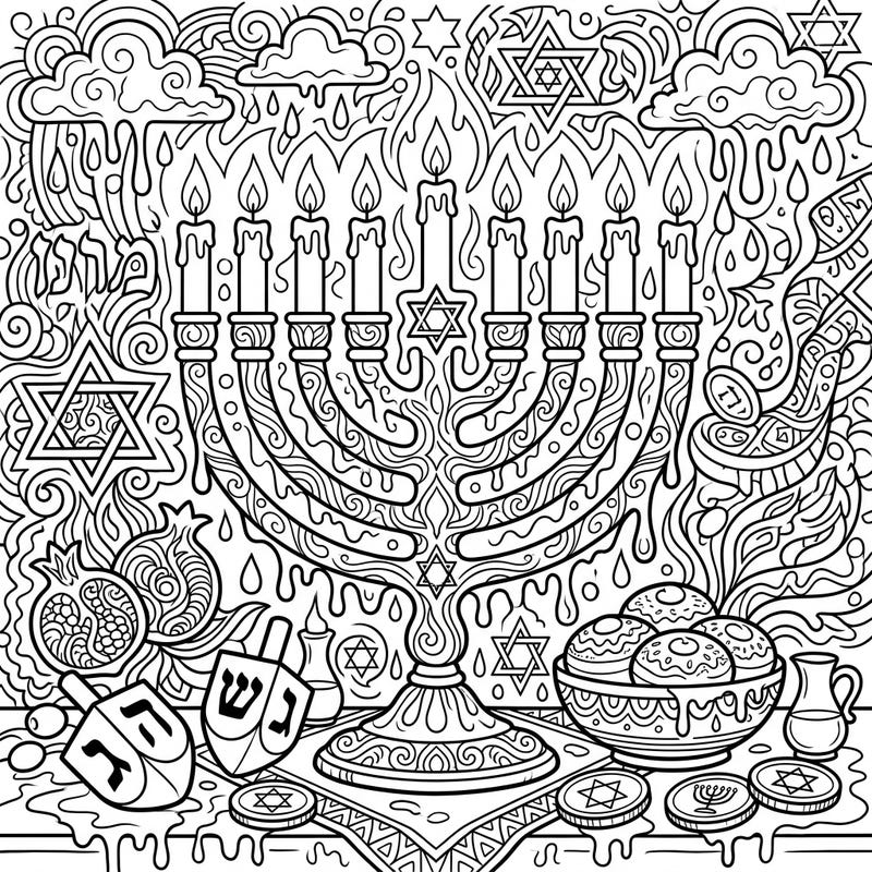 Experience Hanukkah like never before with this captivating coloring page, blending festive symbols with an edgy 'acid rain' art style. Dive into a world of intricate menorahs, dreidels, and swirls for a truly unique creative challenge.