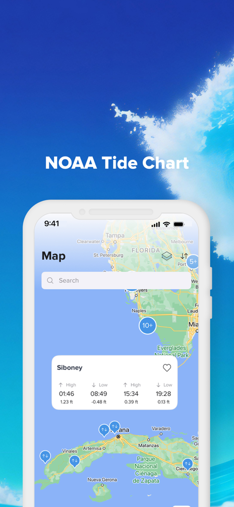 Screenshot of NOAA Tide Chart Pro app map view showing tide stations in Florida and the Caribbean with a detailed forecast for Siboney.