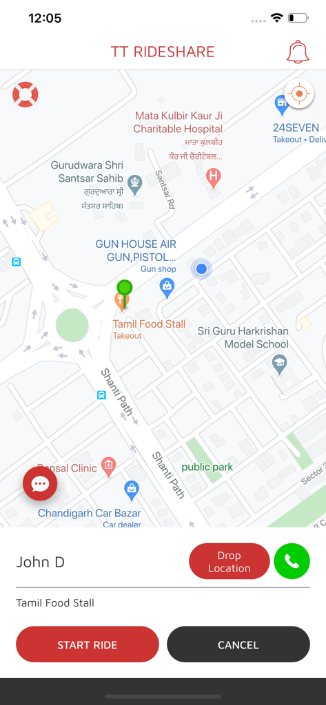 TT RideShare Driver - TT RideShare Driver mobile app interface showing a map with pickup location and start ride button