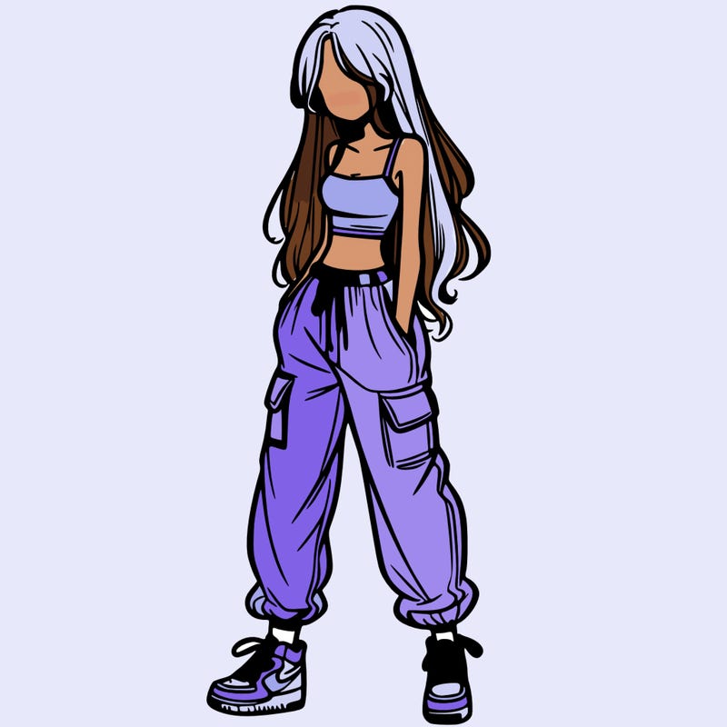 girl in baggy pants crop top and long hair