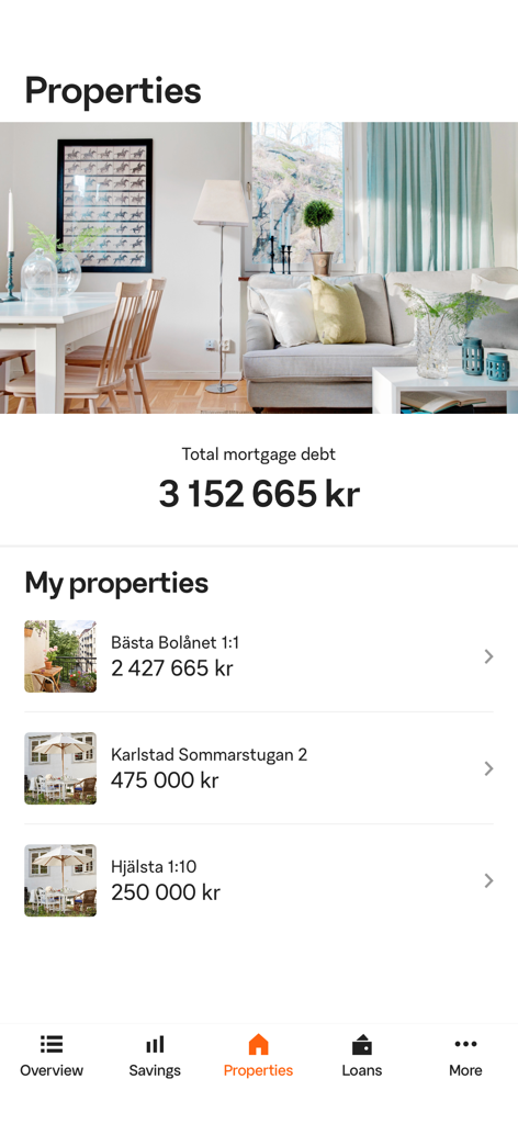 Visualizzazione delle proprietà dell'app SBAB che mostra il debito totale del mutuo e un elenco di prestiti immobiliari.
