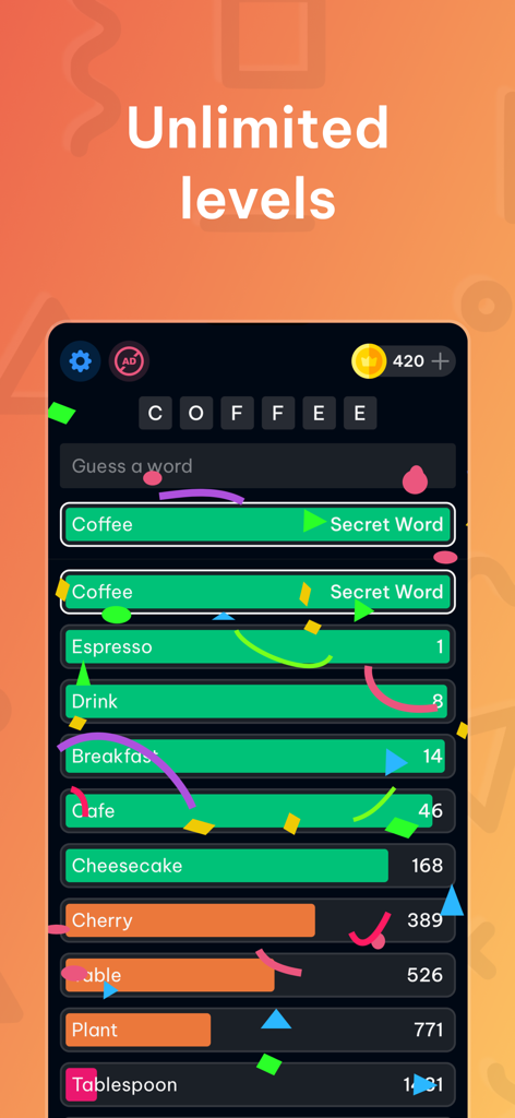 Contexto mobile app gameplay showing semantic word ranking and secret word coffee