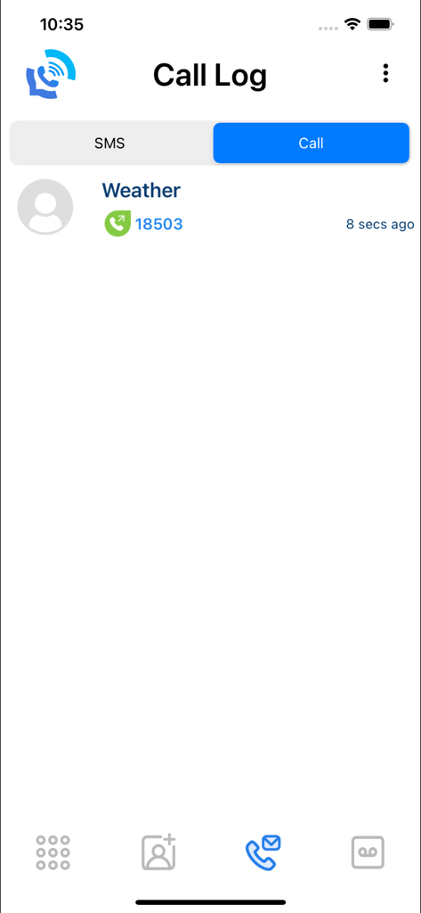 KingKing voice roaming service - Interfaz del registro de llamadas de la aplicación de roaming de voz KingKing que muestra el historial de llamadas y el menú de navegación