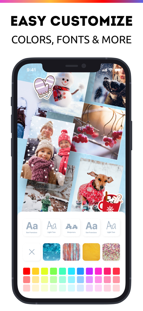 Mobile app interface for customizing photo collages with various fonts, colors, and winter stickers.