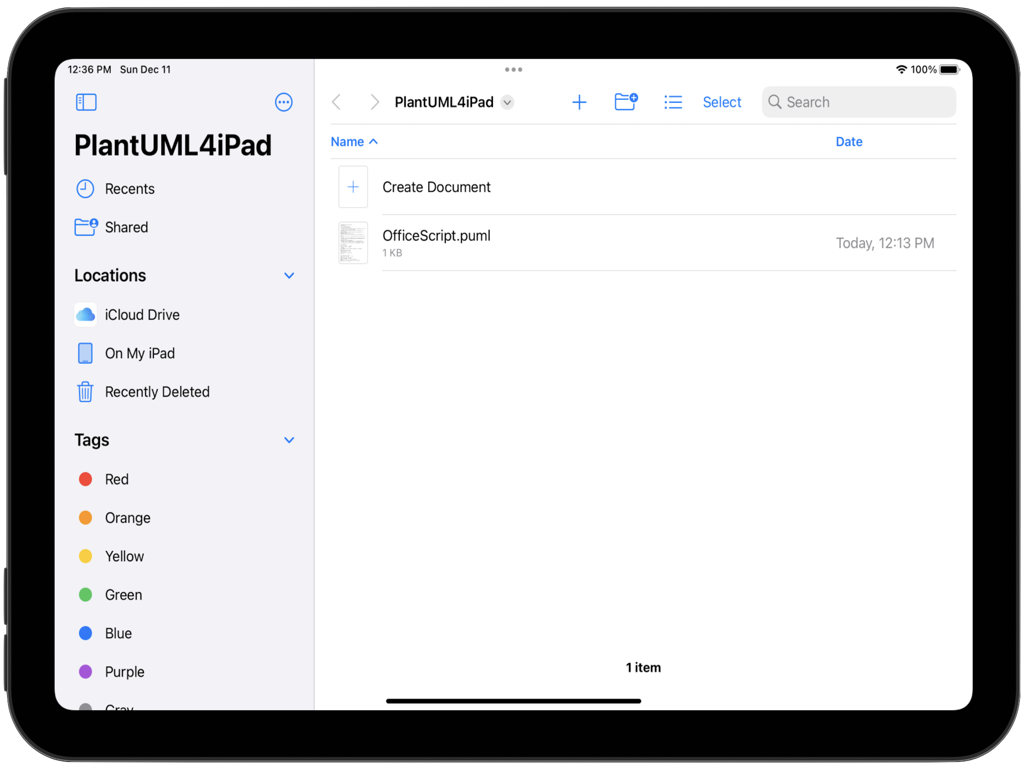 La interfaz de gestión de archivos de PlantUML App en un iPad que muestra la lista de documentos y las categorías de la barra lateral.