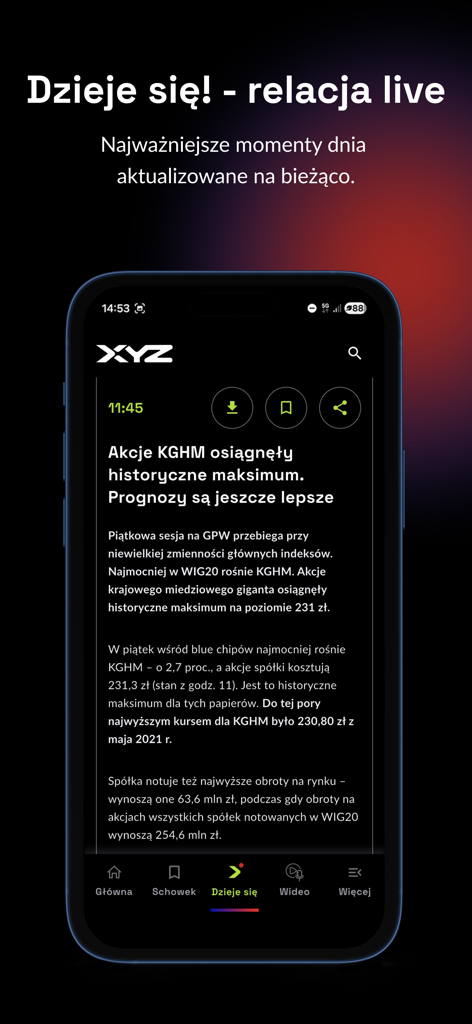 XYZ - Interfaz de la app de noticias XYZ mostrando un informe económico en vivo con actualizaciones del mercado de valores en modo oscuro