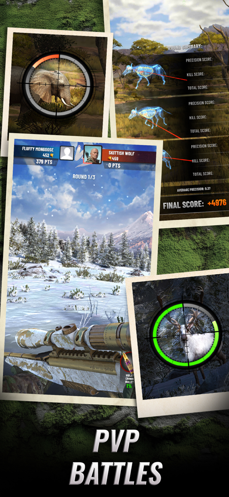 Trophy Hunter mobile game screenshots showing competitive 1v1 PvP sniper duels and hunting challenges