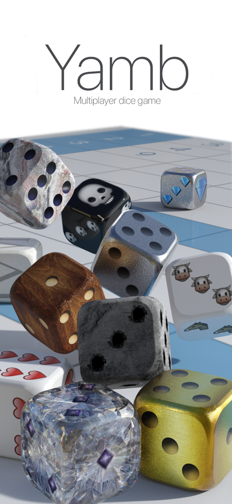 Collection of stylized 3D dice in various textures like gold crystal and wood falling over a game board