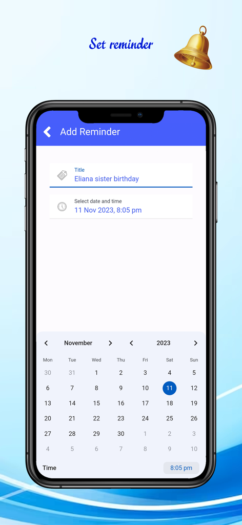 Open notes and reminder - Captura de pantalla de la pantalla Agregar Recordatorio en la aplicación Open Notes que muestra un calendario y un selector de hora para una notificación de cumpleaños.