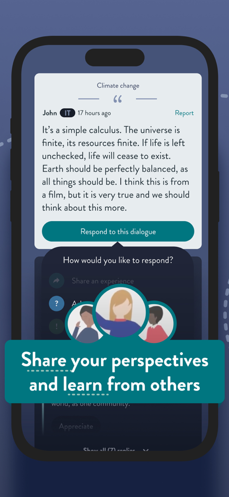 Generation Global - A mobile interface from the Generation Global app showing a student discussion about climate change and options to share perspectives.