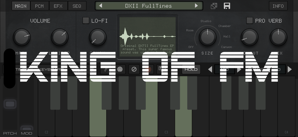 Hauptschnittstelle der King of FM Synth-App mit Vintage-Reglern und einer virtuellen Klaviatur