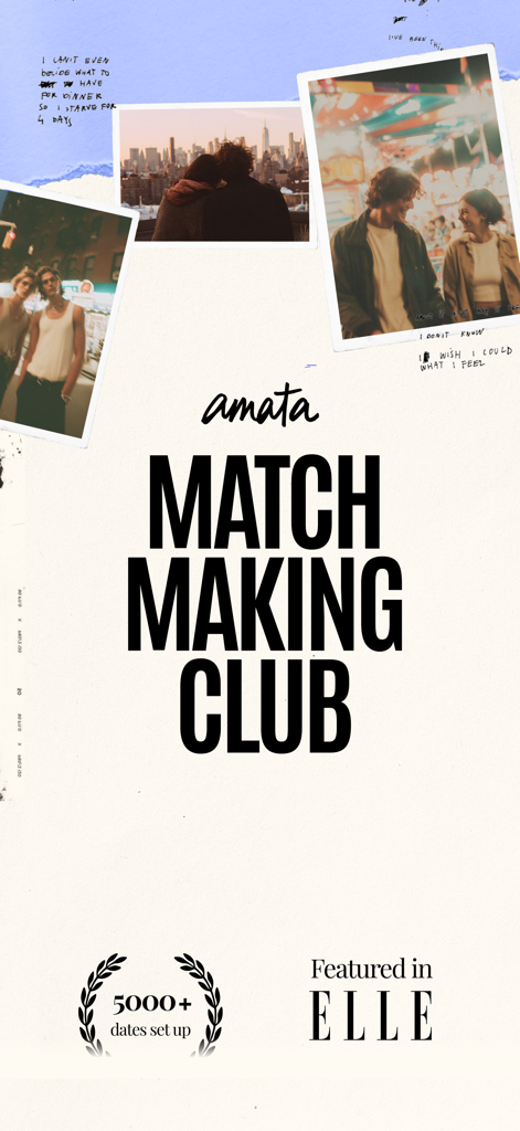 Écran d'introduction de l'application Amata Matchmaking Club présentant des photos de couples romantiques et des preuves sociales