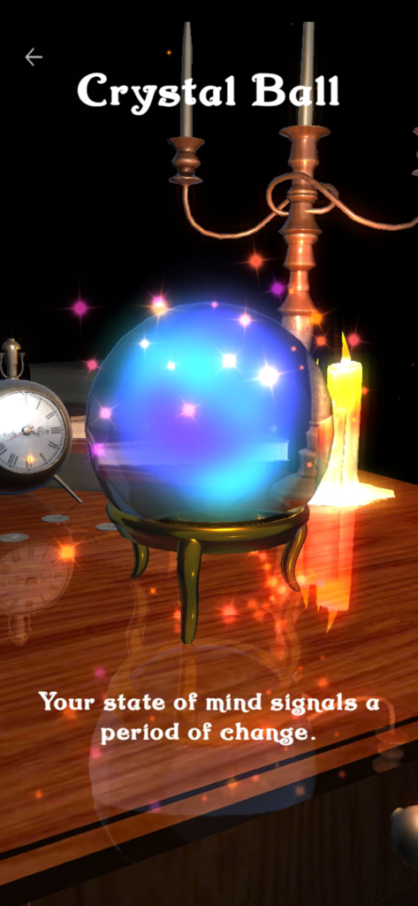 Magic Crystal Ball: Divination - Une balle de cristal bleue lumineuse affichant une prédiction de divination sur une période de changement