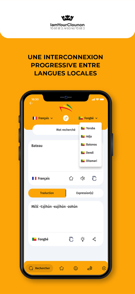 Tela de smartphone mostrando a interface do aplicativo Dico des Langues Beninoises para traduzir palavras do francês para Fongbe e outras línguas beninesas.