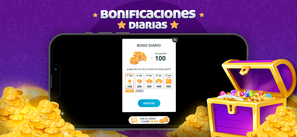 Chinchón  - Juego de Cartas - 金貨と宝箱のあるチンチョンカードゲームの毎日のボーナス画面。