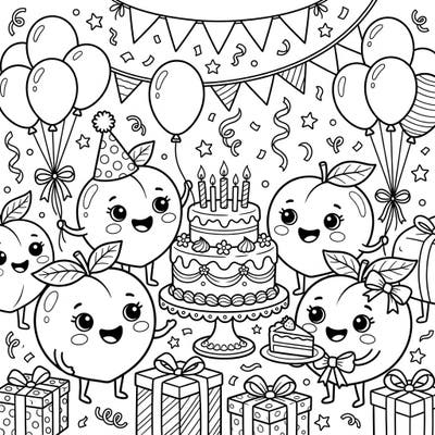 Get ready for a super sweet celebration with our Peaches Birthday Party coloring page! This delightful design features adorable peach characters, a festive cake, balloons, and gifts, all ready for your creative touch.