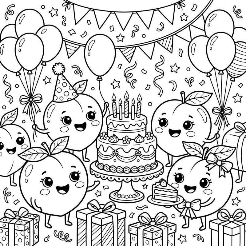 Get ready for a super sweet celebration with our Peaches Birthday Party coloring page! This delightful design features adorable peach characters, a festive cake, balloons, and gifts, all ready for your creative touch.