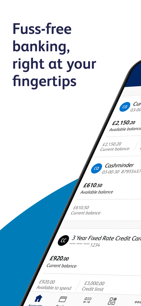 Interface do aplicativo móvel Co-operative Bank mostrando saldos de várias contas e menu de navegação