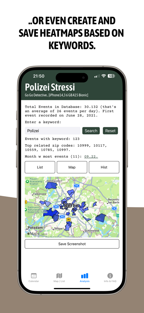 베를린의 이벤트를 보여주는 Polizei Stressi 앱 히트맵 분석 화면