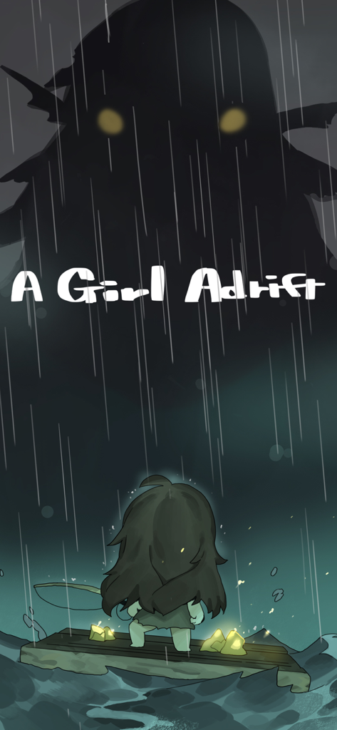 A Girl Adrift - A girl on a wooden raft facing a giant shadowy creature in the rainy sea