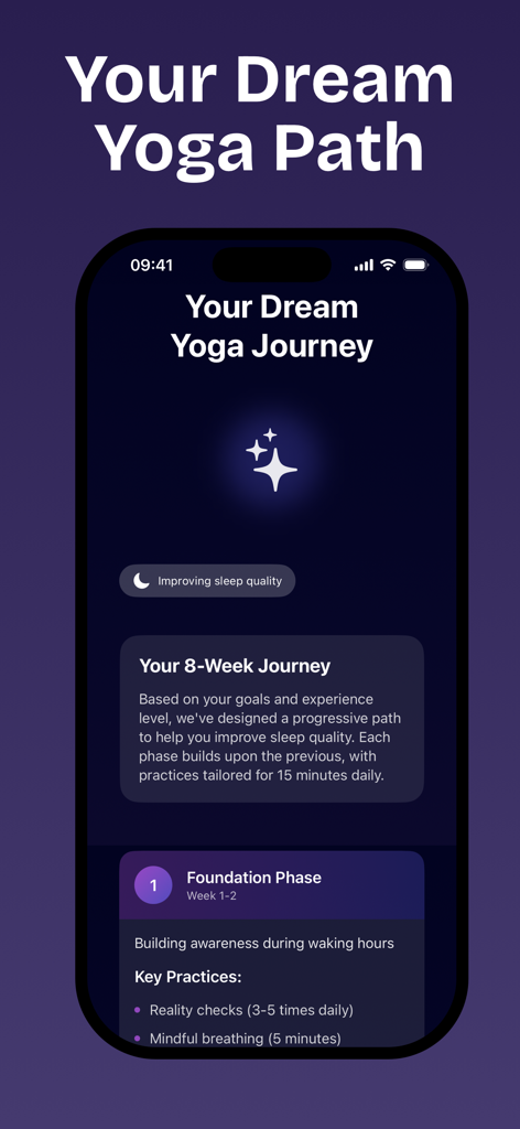 Mindful Slumber: Dream Yoga - Mindful Slumber app screen showing an 8-week dream yoga journey plan