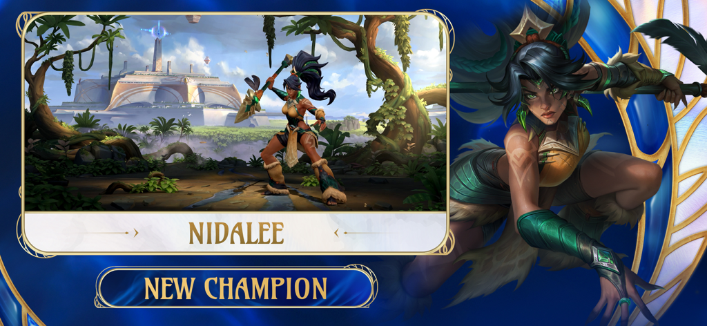 League of Legends: Wild Rift - Pantalla del juego Wild Rift anunciando a Nidalee como nueva campeona con arte del personaje