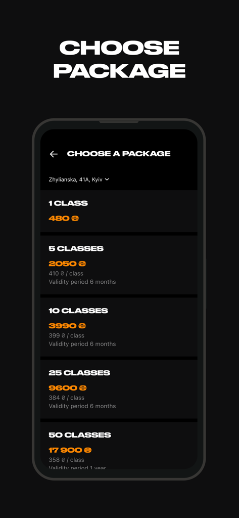 Smartass - Smartass fitness app screen showing various class package options and prices in Kyiv