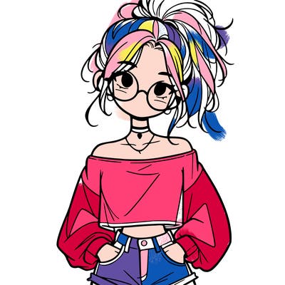 girl with a messy ponytail glasses a baggy crop top and jean shorts