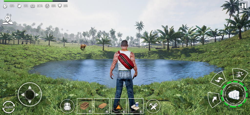 Woodcraft Survival Island Game - Third person view of a character standing before a lagoon in a tropical survival game