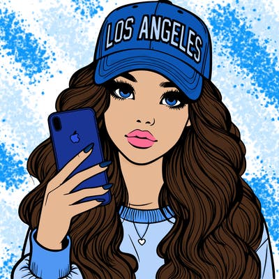 realistic beautiful girl wearing los ángeles cap holding an iphone
