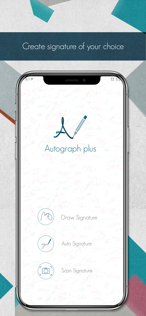 Autograph+ (Lite Version) - Autograph plus app home screen showing options to draw auto generate and scan signatures