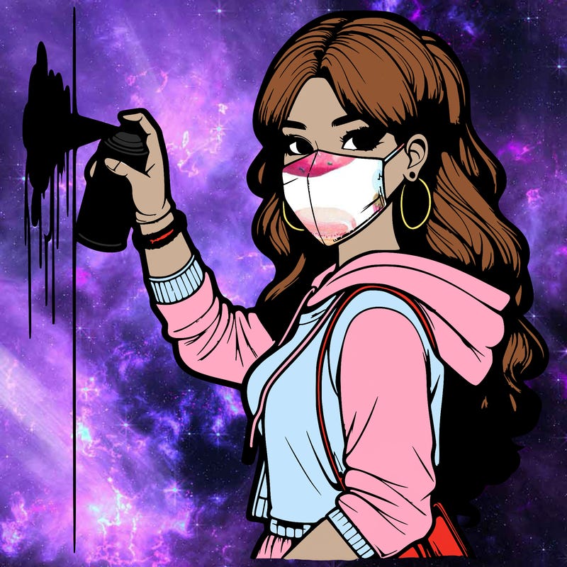 realistic girl with mask spray painting a wall