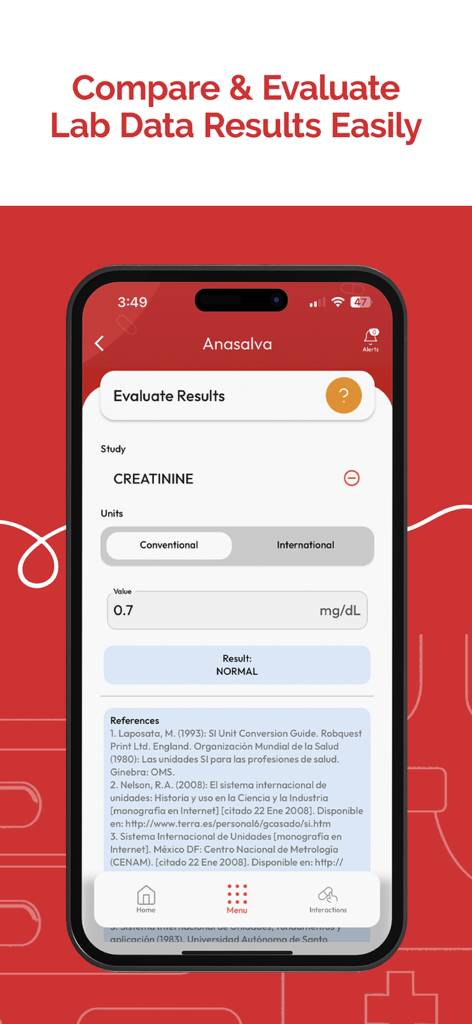 ANASALVA - Interfaz de la aplicación ANASALVA para comparar y evaluar resultados de laboratorio médicos, como los niveles de creatinina