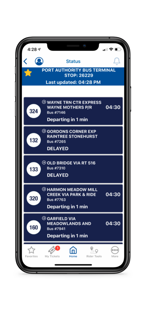 NJ TRANSIT Mobile App - NJ TRANSIT app screen showing real-time bus arrival times and status at Port Authority Bus Terminal