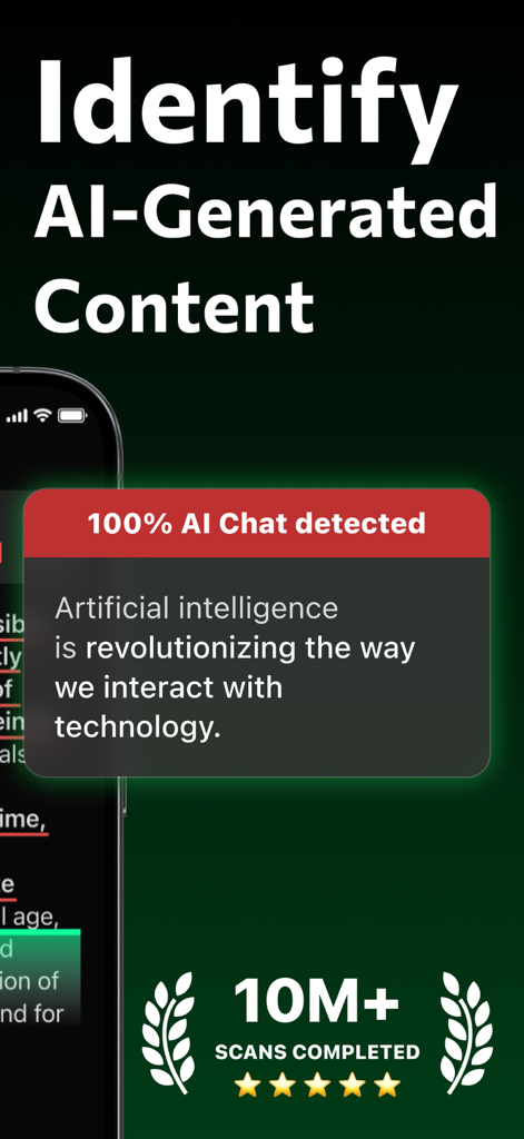 AI Detector | Text Humanizer - Interface d'une application mobile montrant les résultats d'identification de contenu généré par IA et 10 millions d'analyses effectuées