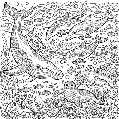 Discover a tranquil marine world with this delightful coloring page, perfect for seniors. Featuring majestic whales, playful dolphins, and charming seals, all designed with large, clear outlines for a relaxing creative escape.