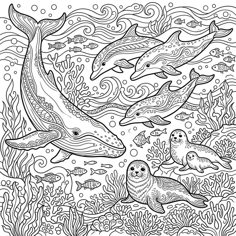 Discover a tranquil marine world with this delightful coloring page, perfect for seniors. Featuring majestic whales, playful dolphins, and charming seals, all designed with large, clear outlines for a relaxing creative escape.