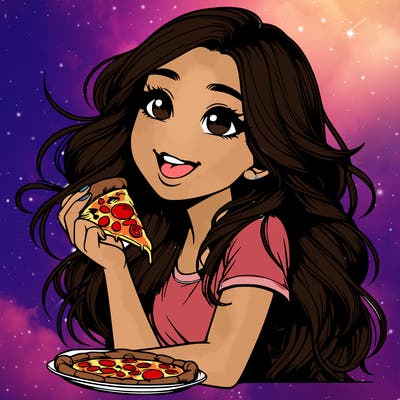 realistic girl with long hair and she's eating pizza