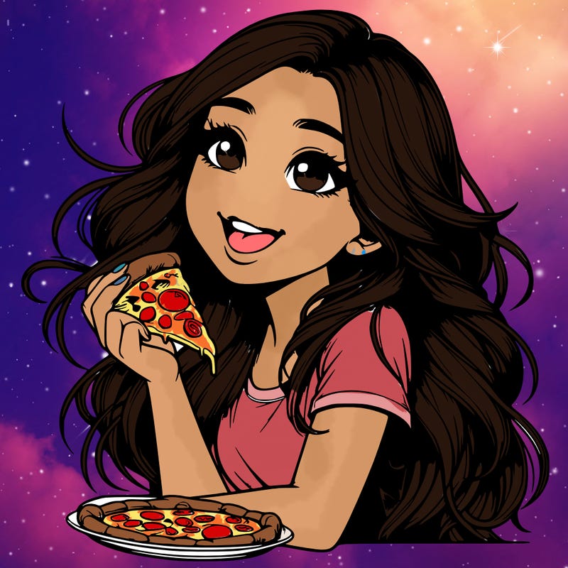 realistic girl with long hair and she's eating pizza