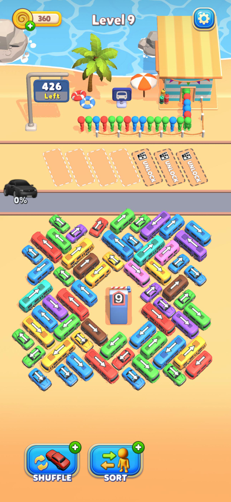 Captura de pantalla de la jugabilidad de Bus Mania que muestra autobuses coloridos en un aparcamiento y una cola de pasajeros en el nivel 9