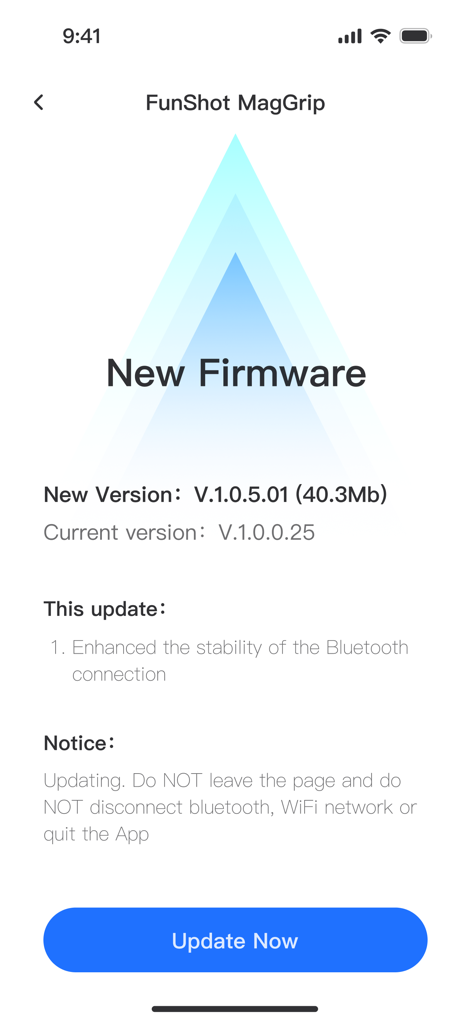 Telesin Fun Shot - Firmware update screen for Telesin FunShot MagGrip tracking mount