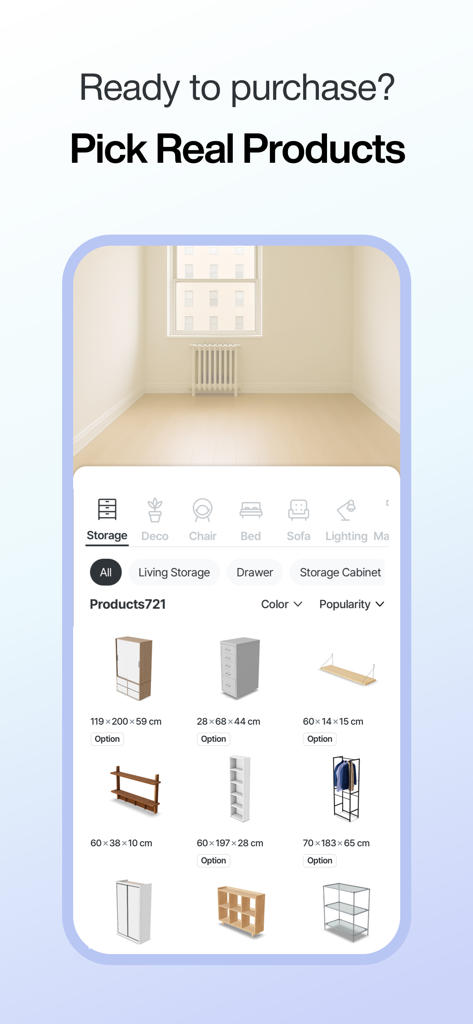 AI Interior & 3D Room Planner - Interfaz móvil que muestra una selección de productos de muebles reales con dimensiones para la planificación de habitaciones en 3D