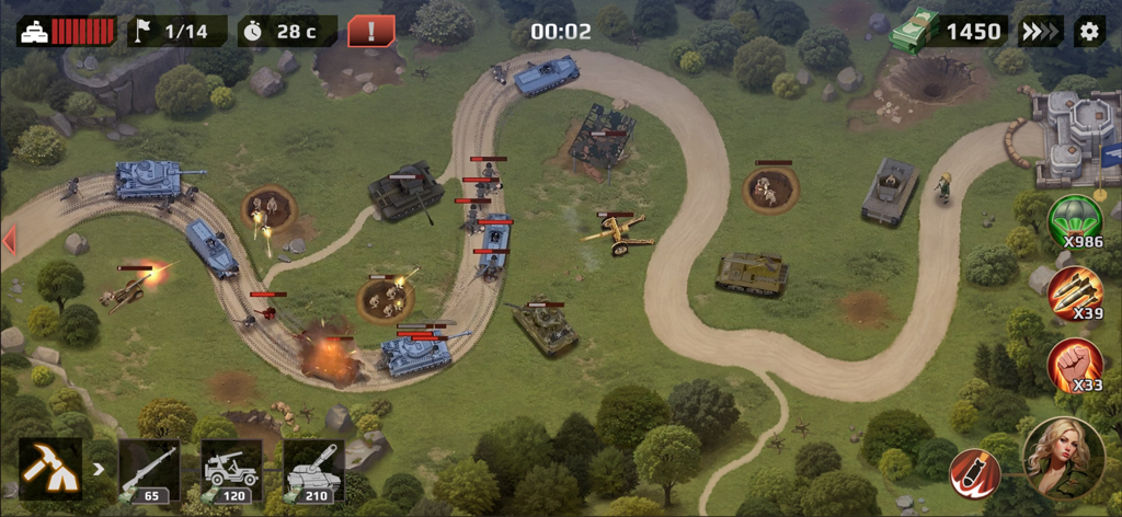 Top down view of a World War II strategy game showing tanks and artillery on a battlefield