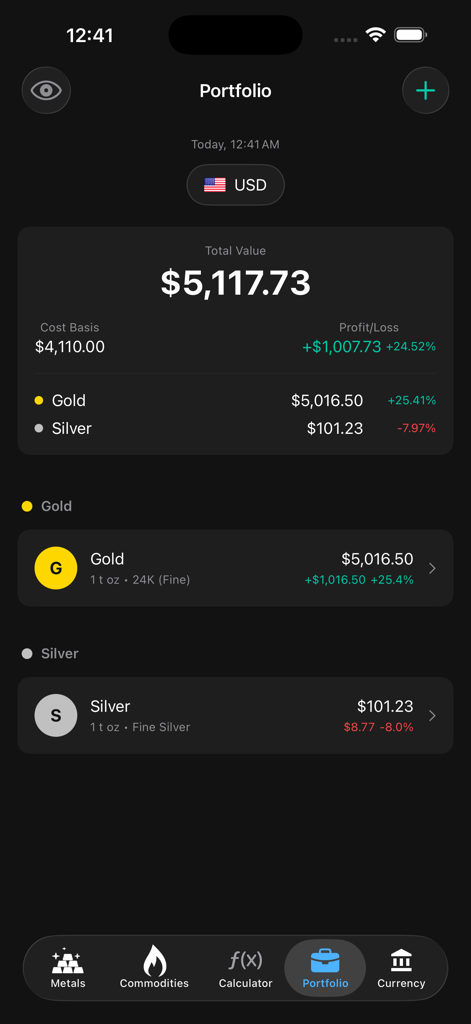 Gold & Silver Price Live - Captura de pantalla de la pantalla del rastreador de cartera en la aplicación Precio del Oro y la Plata en Vivo que muestra el valor de la inversión y las métricas de ganancias y pérdidas