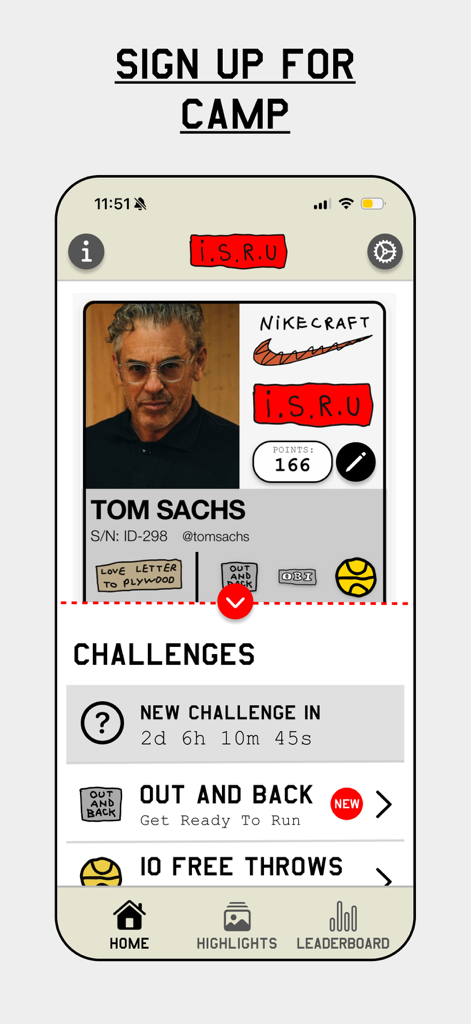 ISRU app home screen displaying a user profile and fitness challenges