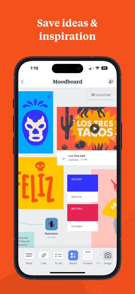 Milanote - Milanote app interface showing a visual moodboard with illustrations and color swatches
